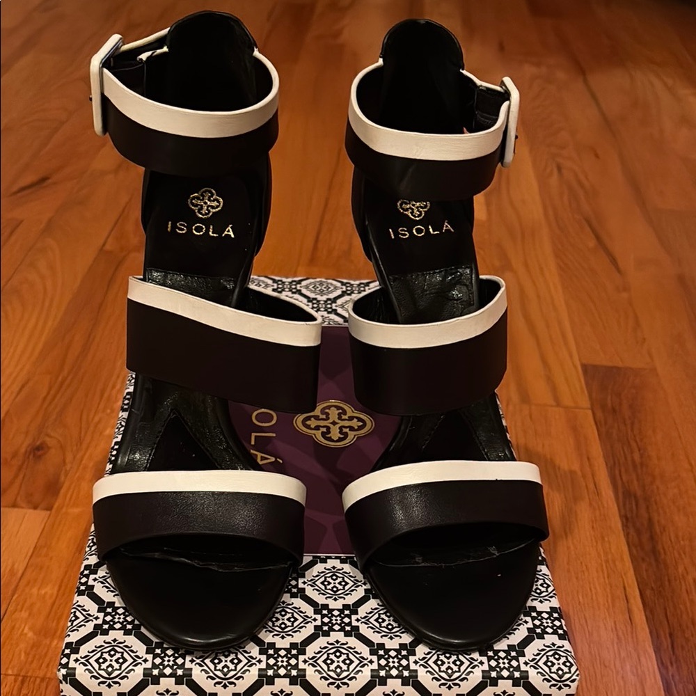 Black and White High-Heeled Sandals with Ankle Straps